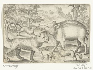 Leopard, vildsvin og hunde Animalivm qvadrvpedvm (serietitel) Dyr i landskaber (serietitel) af Nicolaes de Bruyn