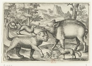 Leopard, vildsvin og to hunde Animalivm qvadrvpedvm (serietitel) Dyr i landskaber (serietitel) af Nicolaes de Bruyn