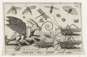 Græshopper og fantasivæsen med vinger og svømmehud Fugle og insekter (serietitel) af Nicolaes de Bruyn