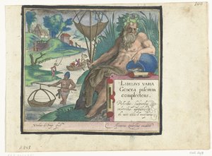 Titeltryk med titel og flodgud med trefork og fiskenet i landskab med fiskere Libelivs diverse Genera piscium complectens (serietitel) Ferskvandsfisk, havfisk, frøer, krebsdyr og havdyr (serietitel) af Nicolaes de Bruyn