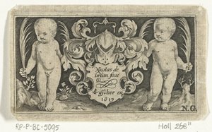 Titelprint med to børn med palmeblad ved siden af ​​våbenskjoldet Frisere med børn, engle og dyr (serietitel) af Nicolaes de Bruyn