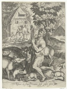Den fortabte søn som svinehyrde Pasceret vt siliquis ventrem fylder pascere porcos (titel på objekt) Tale of the Prodigal Son (serietitel) af Nicolaes de Bruyn