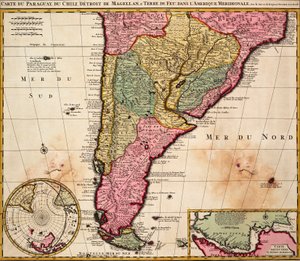 Kort over Paraguay, Chile, Magellanstrædet og Ildlandet i Sydamerika, ca. 1720 (koloreret stik) af Nicolaes the Younger Visscher
