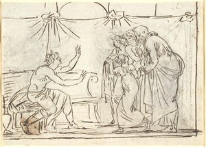 Antik scene. En siddende kronet helt taler til en gruppe af fire figurer, heriblandt en mindre pige og en gammel mand af Nicolai Abildgaard