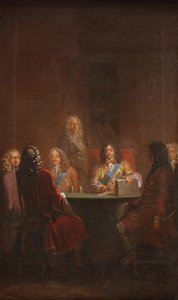 Christian V fremlægger dansk lov 1683 af Nicolai Abildgaard
