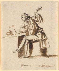 Den engelske digter Gower siddende med en lut ved et bord, på hvilket Herodot ligger opslået af Nicolai Abildgaard