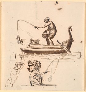 En mand i en båd, løftende en fisk op i en snøre. Nedenunder et udkast af en fisker, et hoved og en nøgen mand af Nicolai Abildgaard