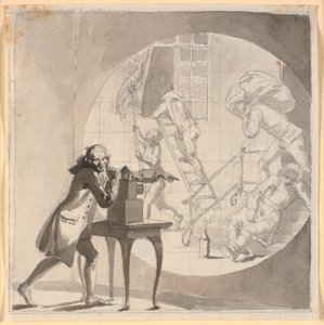 En mand med en laterna magica viser et tyveri, der foregår for næsen af den sovende vægter af Nicolai Abildgaard