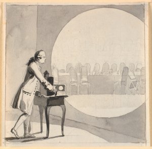 En mand med et laterna magica viser et billede af det tomme statsrådsværelse af Nicolai Abildgaard
