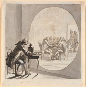 En mand med et laterna magica viser et billede af gehejmestatsrådet af Nicolai Abildgaard