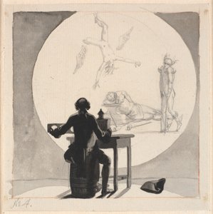 En mand med et laterna magica viser et billede af handelens og håndværkets forfald - den halte Mercur, den sovende Vulcan etc. af Nicolai Abildgaard