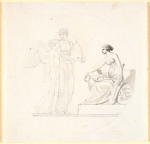 En ung kvinde med en bikube fører en vinget ung mand hen mod en siddende kvindefigur af Nicolai Abildgaard