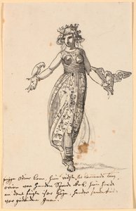 Frigga, gående, med et par høge på de udstrakte arme. Samt nogle linjer med kunstnerens notater af Nicolai Abildgaard