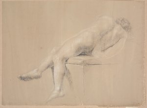 Halvtliggende model på høj plint med pude. Set fra ryggen. Benene nedhængende over plinten af Nicolai Abildgaard