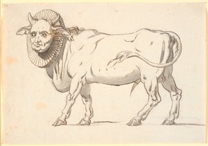 Karikatur af en gejstlig person, i skikkelse af en tyr med menneskeansigt og pibekrave om halsen af Nicolai Abildgaard