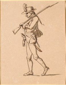 Karikatur af en soldat i profil til venstre. Hans venstre arm ligger i bind, men bærer dog et gevær. af Nicolai Abildgaard