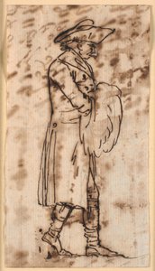Karikatur med en gående mand med hænderne i en muffe, i profil t.h. af Nicolai Abildgaard