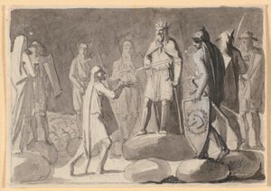 Komposition Udkast; en konge, der omgivet af krigere på et tingsted, giver en mand riddersværdet af Nicolai Abildgaard