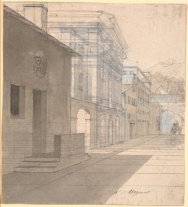 Perspektivisk studie til arkitekturen i billedet af jordemoderen der forlader Androspigens hus af Nicolai Abildgaard