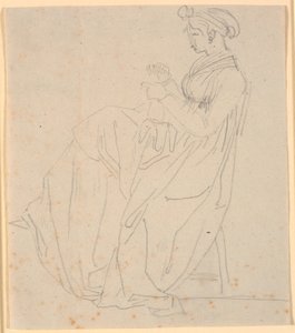 Profilbillede af kunstnerens anden hustru Juliane Marie Abildgaard f. Ottesen, siddende med sytøj, hel figur af Nicolai Abildgaard