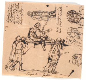 Retfærdighedens triumf. Fire væbnede mænd bærer en båre, med en udstrakt og en siddende figur af Nicolai Abildgaard