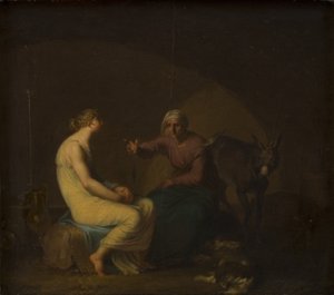 Røverbandens husholderske trøster den unge pige ved at fortælle myten om Amor og Psyche. Motiv fra Apulejus: Det gyldne æsel af Nicolai Abildgaard