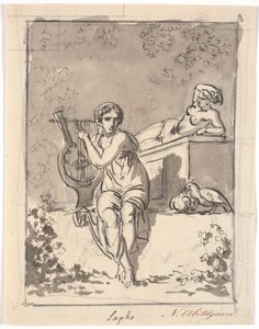 Sappho, siddende med sin lyre, i baggrunden hviler en hermafrodit af Nicolai Abildgaard