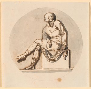 Siddende maskefigur, cirkelrundt indrammet. Udkast til dekoration i tehuset i Sorgenfri park af Nicolai Abildgaard