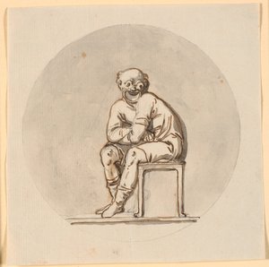 Siddende maskefigur, cirkelrundt indrammet. Udkast til dekoration i tehuset i Sorgenfri park af Nicolai Abildgaard