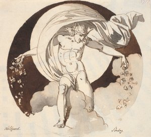 Søndag. En kronet nøgen gud, udstrør blomster med begge hænder af Nicolai Abildgaard