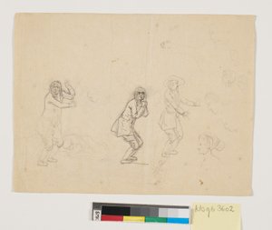 Studier af hoveder og figurer, bl.a. en mandsfigur gengivet tre gange af Nicolai Abildgaard