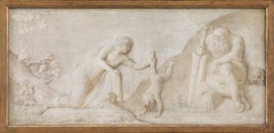 Thetis nedsænker sin spæde søn Achilles i floden Styx for at gøre ham usårlig af Nicolai Abildgaard