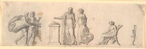 Udkast til dekoration af et felt, formodentlig en malet træplade på et møbel. Antikke figurer med blomsterkurve og neg ved et alter af Nicolai Abildgaard