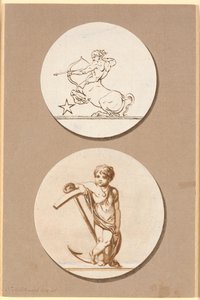 Udkast til to cirkelrunde relieffer, øverst en bueskydende centaur, nederst en lille dreng støttet til et anker af Nicolai Abildgaard