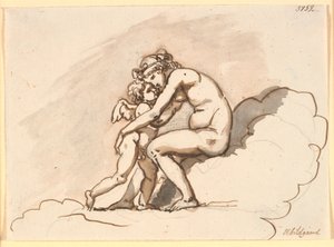 Venus, siddende i skyerne, omfavner Amor af Nicolai Abildgaard