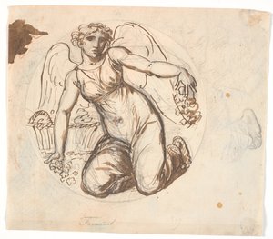 Vinget kvindeskikkelse i cirkelrundt felt. T.h. studie af figurens venstre fod af Nicolai Abildgaard