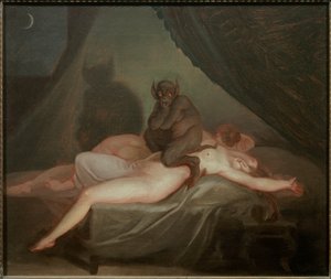 Mareridtet. En djævel, der sidder på kroppen af en nøgen kvinde og sover midt om natten. Maleri af Nicolas Abraham Abildgaard (1743-1809) EC.Dan.