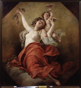 Bacchante (Bacchante). En kvinde med bar overkrop holder drueklaser med en engel, der bærer en kop rødvin. Maleri af Nicolai Apollonovich Malkov (1794-1873), olie på lærred