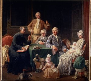 ""Portræt af Leroy-familien"" Familiescene, der samler en præst, moderen med børnene. Maleri af Nicolas Bernard (1735-1784) 1766-1767 Dim. 136x147 cm Pushkin Museum, Moskva