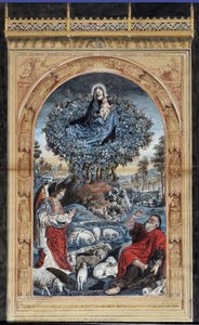 Kopi af Burning Bush. Moses på Sinaj-bjerget tager sine sko af. Omkring ham en engel, Jomfruen og Kristus og en flok får. Anonym tegning. Mål: 84x54 cm. Granet-museet, Aix en Provence. af Nicolas (after) Froment