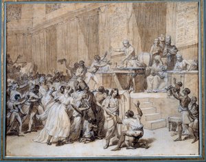 Den franske revolution: Nationalkonventionen dekreterer afskaffelse af slaveriet i kolonierne den 4/02/1794 (16 Pluviose An II) i Paris. Tuschtegning af Nicolas Andre Monsiau (1754-1837) søn. 0,26x0,33 m Paris, Musee Carnavalet