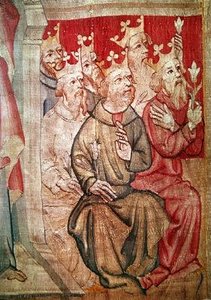 Detalje af Kristus troner sammen med de apokalyptiske dyr og de fireogtyve ældste, nr. 4 fra Apokalypse fra Angers, 1373-87 (detalje af 83991) af Nicolas Bataille