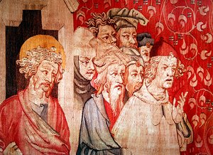 Detalje af mænd, der lytter til englen, der forudsiger deres tortur, fra "The Apocalypse of Angers", 1373-87 af Nicolas Bataille