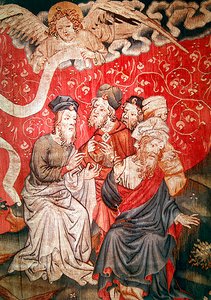 Detalje af englen, der bringer evangeliet til mændene, nej. 49 fra Apokalypsen fra Angers, 1373-87 af Nicolas Bataille