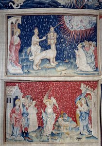 Ophængning af åbenbaring (1373-1383), n. 44: Jordens Bete får ild til at falde ned fra himlen. Nedenfor, n. 51, den tredje engel og lammet. Tapestry af Nicolas Bataille (1330-1405) af Nicolas Bataille
