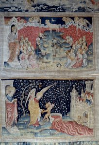 Ophængning af åbenbaring (1373-1383), n. 47: Lammet på Zions Bjerg. Nedenfor, n. 55, englen optager jordens vinstok, som hældes i Guds vredes store kar, karret flyder over, og blodet forvandles. Tapestry af Nicolas Bataille (1330-1405) af Nicolas Bataille