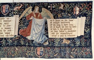 Ophængning af åbenbaringen (1373-1383), engle, der bærer lidenskabens instrumenter. Tapestry af Nicolas Bataille (1330-1405) af Nicolas Bataille