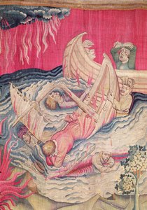Den anden trompet og skibsvraget, detalje af de synkende skibe, nummer 21 fra The Apocalypse of Angers, 1373-87 gobelin af Nicolas Bataille