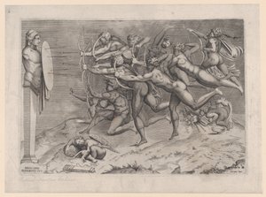 Nøgne bueskytter skyder mod et mål knyttet til en herm, Amor sover nedenunder, evt...., ca. 1540-60.