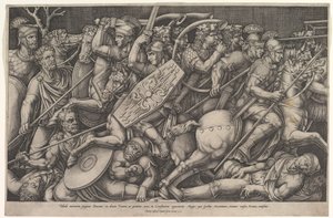 Romerske soldater kæmper mod daciere, kampscene i lav dybde med heste og hor..., 1553. af Nicolas Beatrizet